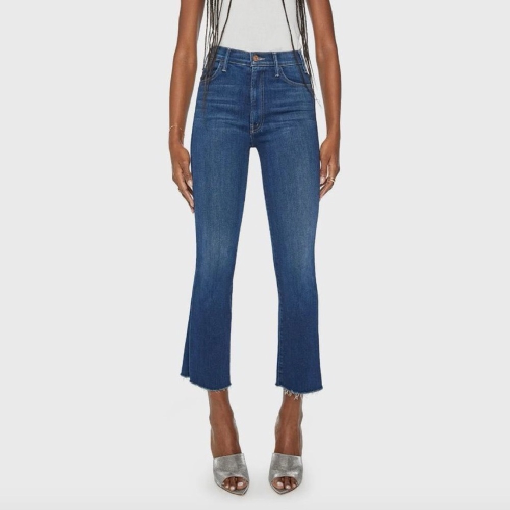MOTHER The Hustler Ankle Fray Flare Jeans in Home Movies Dark Blue 27